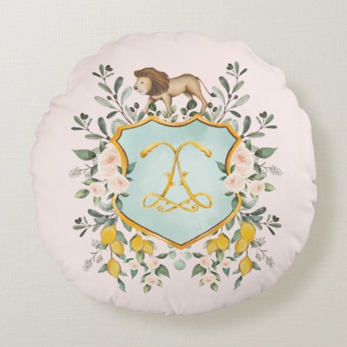 Sicilian Olive Branch Lemon Roses Lion Baby Girl Round Pillow