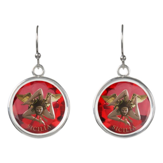 Sicilian Ruby Red Trinacria Earrings (Front)