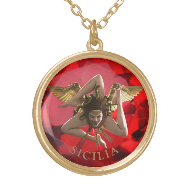 Sicilian Ruby Red Trinacria   Gold Plated Necklace (Front)