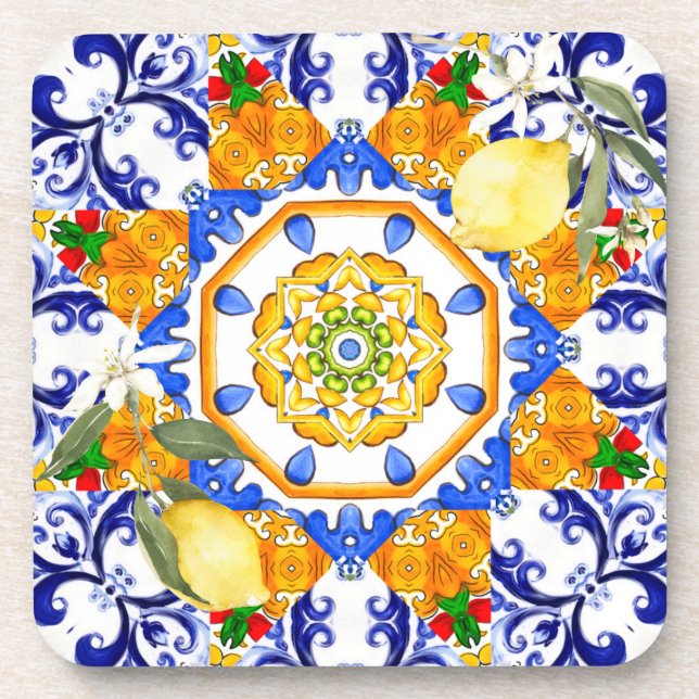 Sicilian style,lemons,majolica  beverage coaster (Front)