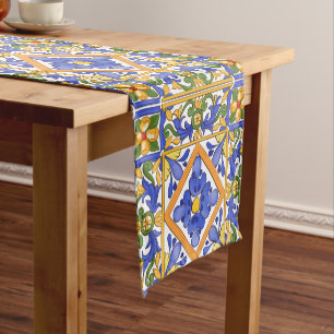 Sicilian style,majolica,summer,colorful pattern short table runner
