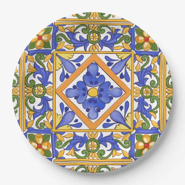 Sicilian style,majolica,summer,colourful pattern   paper plates (Front)