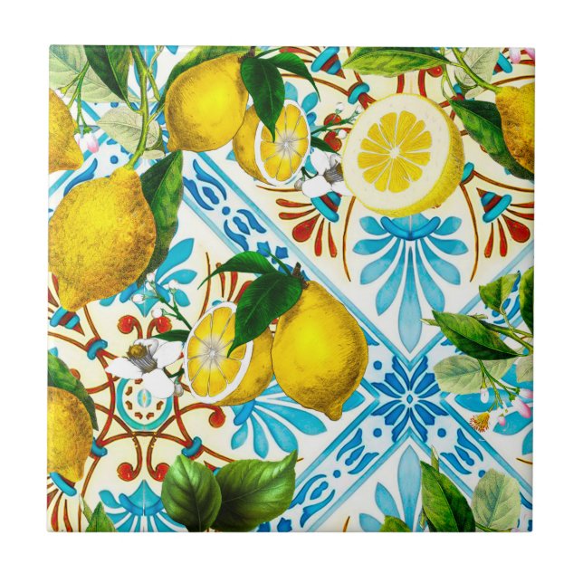  Sicilian style,summer art ,lemons   Ceramic Tile (Front)