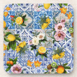 Sicilian style tiles with flowers and lemon beverage coaster