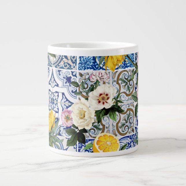 Sicilian style tiles with flowers and lemon giant coffee mug (Front)