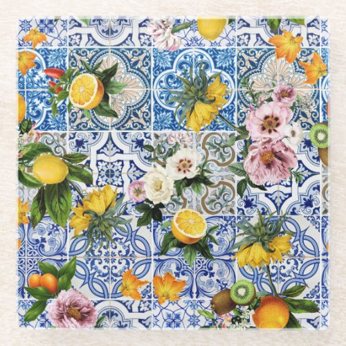 Sicilian style tiles with flowers and lemon glass coaster