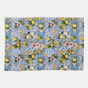 Sicilian style tiles with flowers and lemon kitchen towel