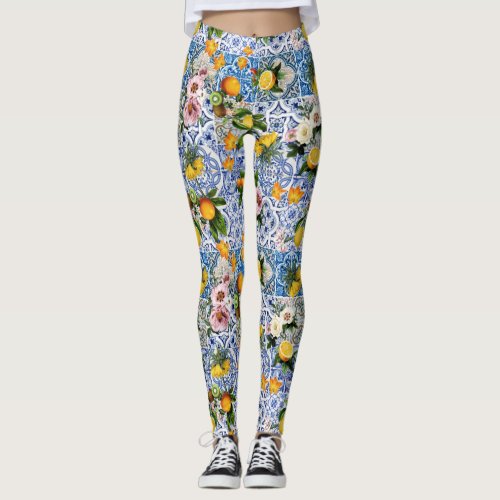 Sicilian style tiles with flowers and lemon leggings