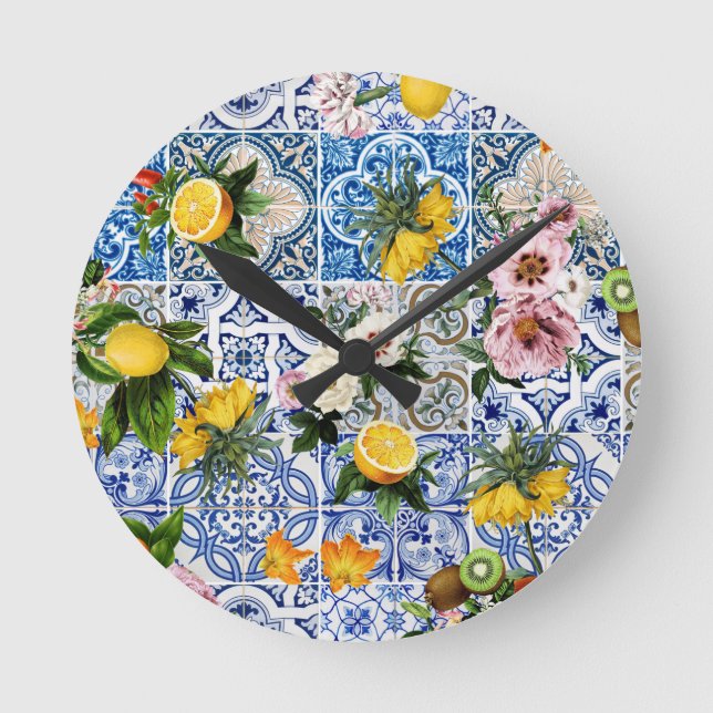Sicilian style tiles with flowers and lemon round clock (Front)