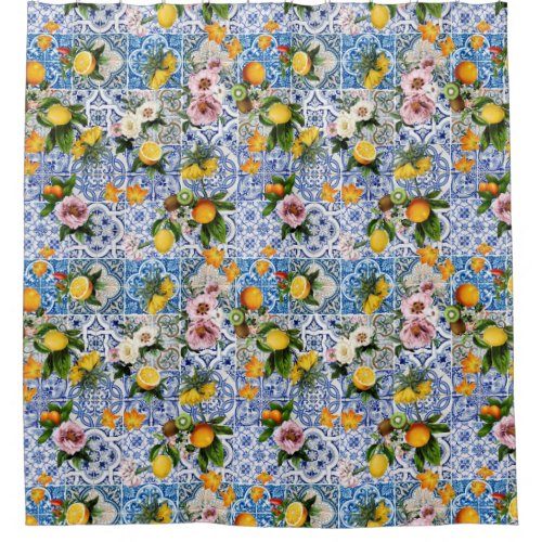 Sicilian style tiles with flowers and lemon  shower curtain