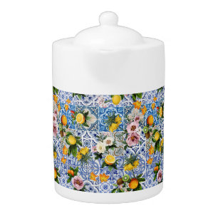 Sicilian style tiles with flowers and lemon teapot