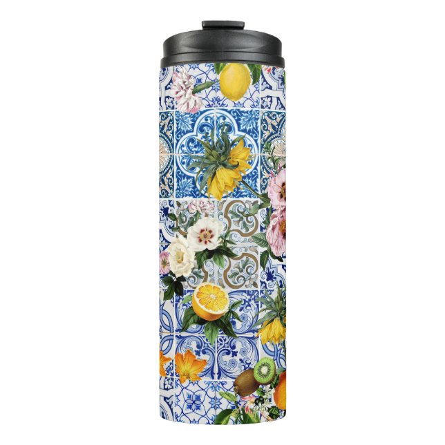 Sicilian style tiles with flowers and lemon thermal tumbler (Front)