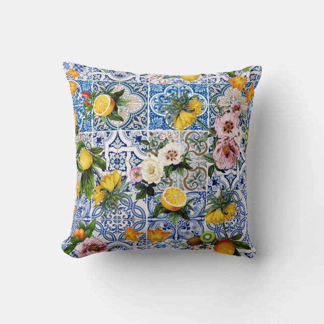 Sicilian style tiles with flowers and lemon throw pillow (Front)