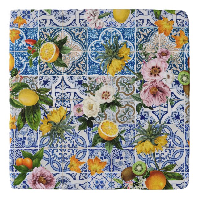 Sicilian style tiles with flowers and lemon trivet (Front)