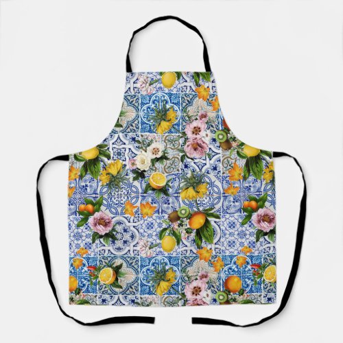 Sicilian style tiles with flowers lemon pattern  apron