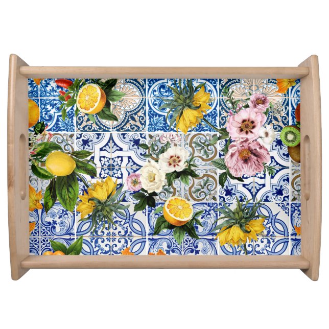 Sicilian style tiles with flowers lemon pattern serving tray (Front)