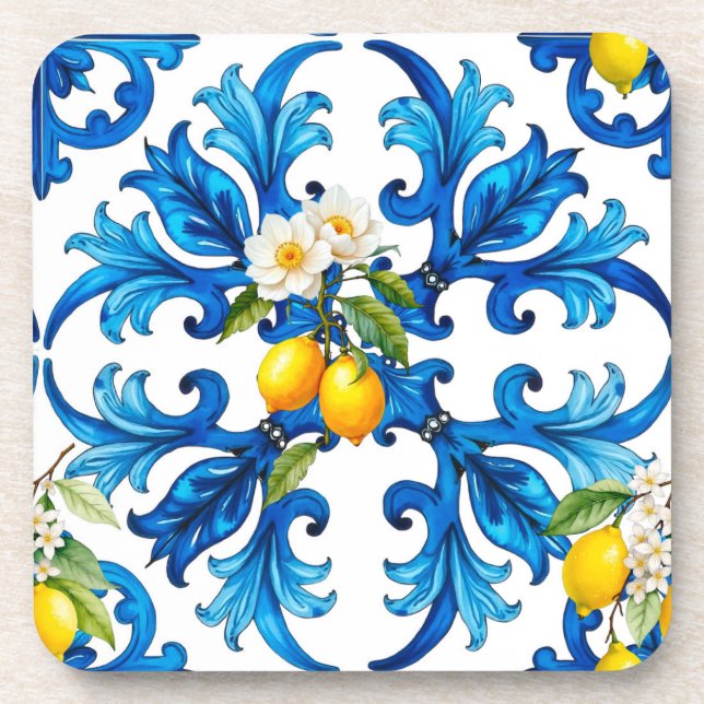 Sicilian,summer,lemon,mosaic,blue  beverage coaster (Front)