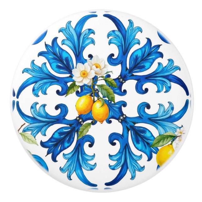 Sicilian,summer,lemon,mosaic,blue, Ceramic Knob (Front)