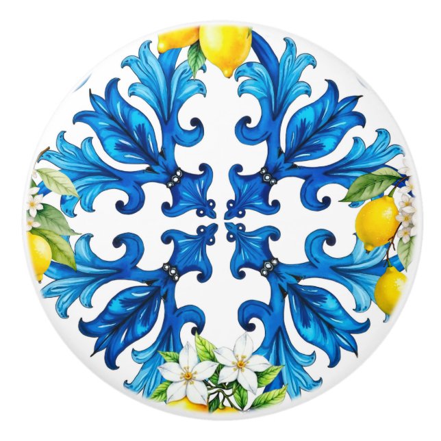 Sicilian,summer,lemon,mosaic,blue  ceramic knob (Front)
