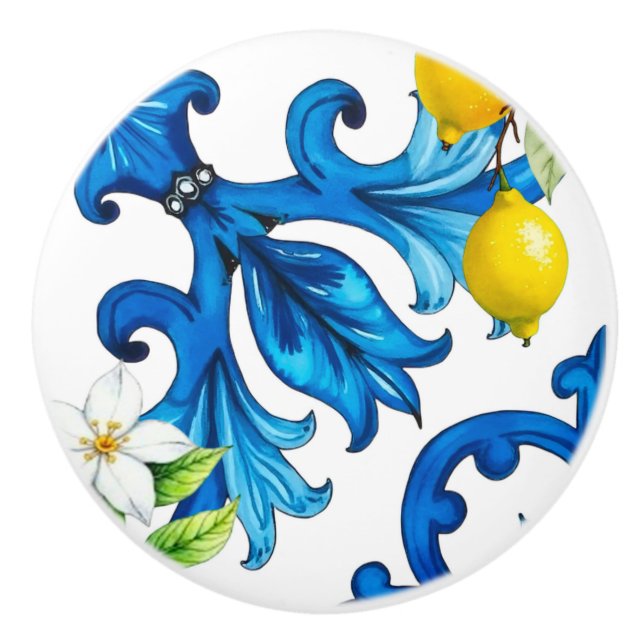 Sicilian,summer,lemon,mosaic,blue  ceramic knob (Front)