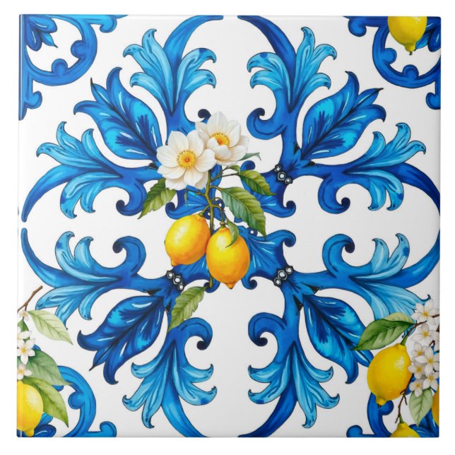 Sicilian,summer,lemon,mosaic,blue  ceramic tile (Front)