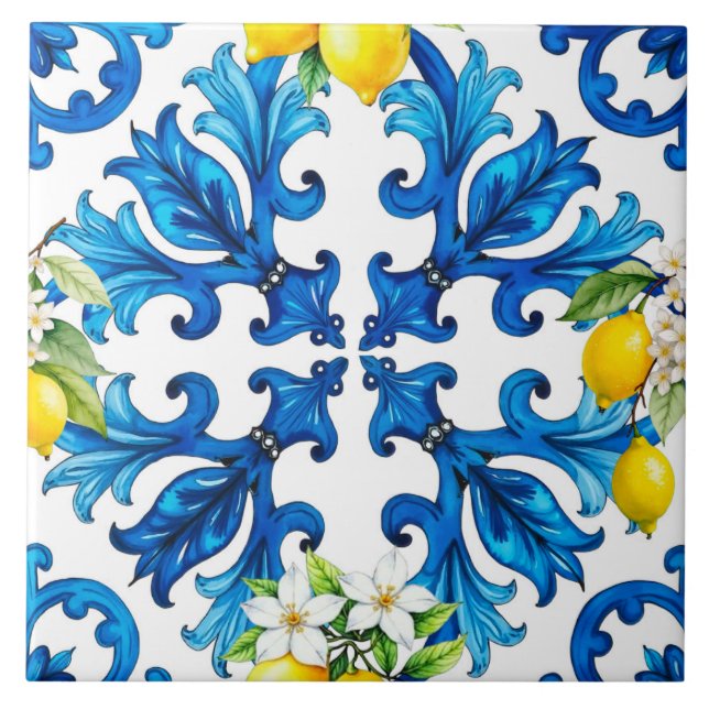 Sicilian,summer,lemon,mosaic,blue  ceramic tile (Front)