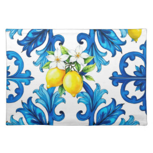 Sicilian,summer,lemon,mosaic,blue  cloth placemat