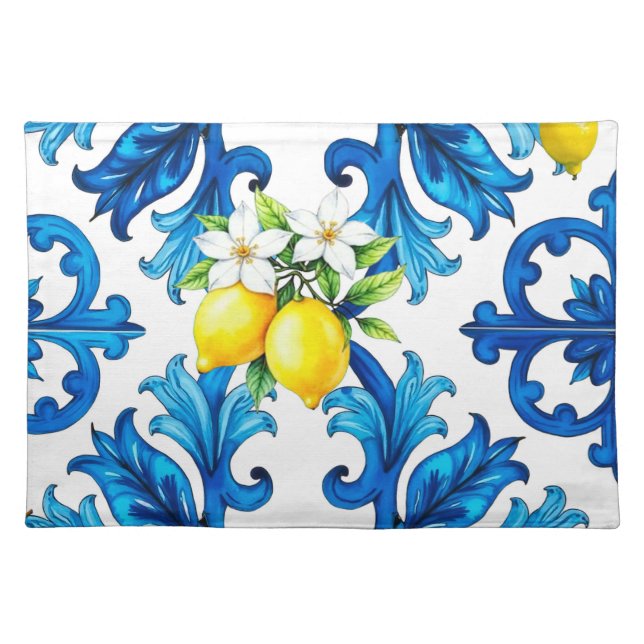 Sicilian,summer,lemon,mosaic,blue  cloth placemat (Front)