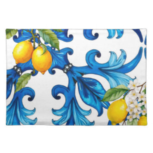 Sicilian,summer,lemon,mosaic,blue cloth placemat