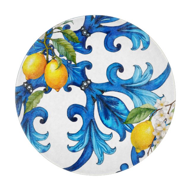Sicilian,summer,lemon,mosaic,blue  cutting board (Front)