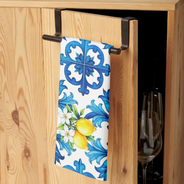 Sicilian,summer,lemon,mosaic,blue  kitchen towel (Thirds Fold)