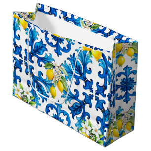 Sicilian,summer,lemon,mosaic,blue large gift bag
