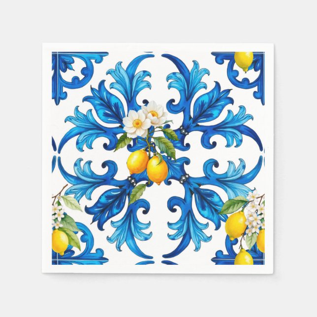 Sicilian,summer,lemon,mosaic,blue, Napkins (Front)