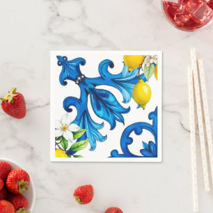 Sicilian,summer,lemon,mosaic,blue napkins