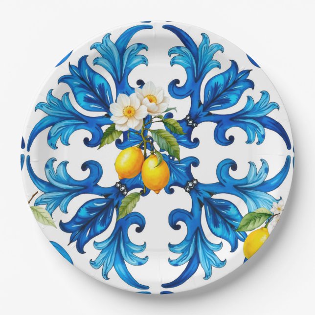 Sicilian,summer,lemon,mosaic,blue, Paper Plates (Front)