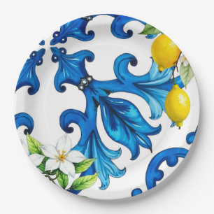 Sicilian,summer,lemon,mosaic,blue  paper plates