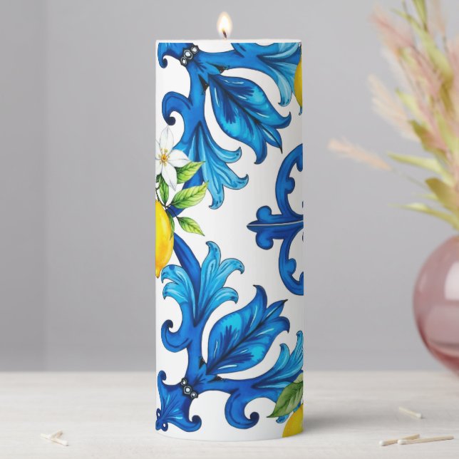 Sicilian,summer,lemon,mosaic,blue  pillar candle (In Situ)