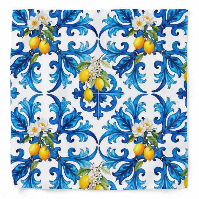Sicilian,summer,lemon,mosaic,blue,scarf, Bandana (Front)