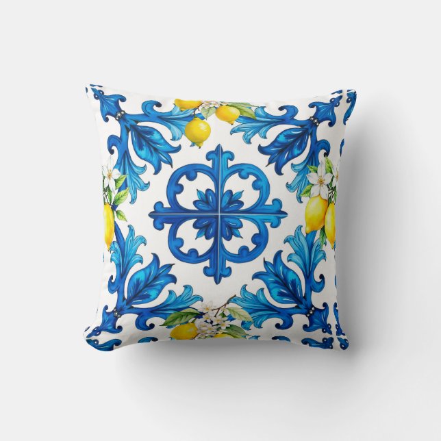 Sicilian,summer,lemon,mosaic,blue  throw pillow (Front)