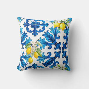 Sicilian,summer,lemon,mosaic,blue throw pillow