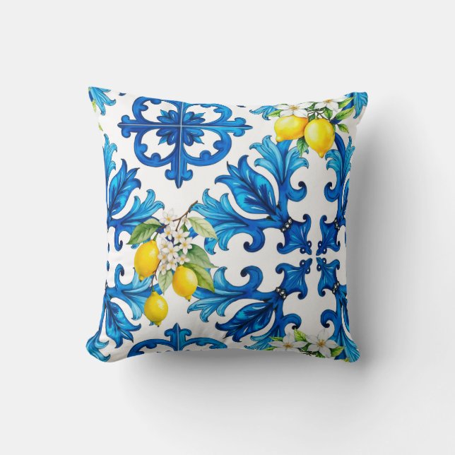 Sicilian,summer,lemon,mosaic,blue  throw pillow (Front)