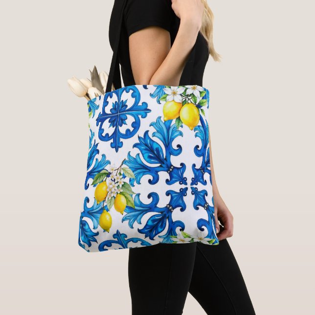 Sicilian,summer,lemon,mosaic,blue  tote bag (Close Up)
