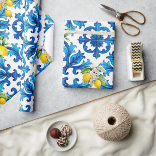 Sicilian,summer,lemon,mosaic,blue wrapping paper
