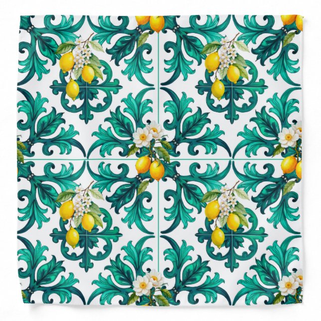 Sicilian,summer,lemon,mosaic,green, Bandana (Front)
