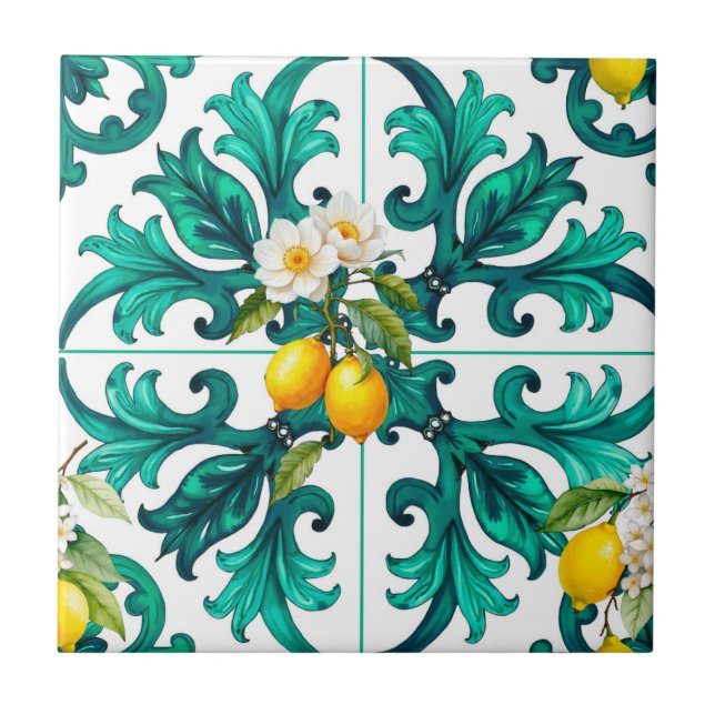 Sicilian,summer,lemon,mosaic,green, Ceramic Tile (Front)