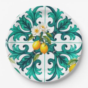 Sicilian,summer,lemon,mosaic,green, Paper Plates