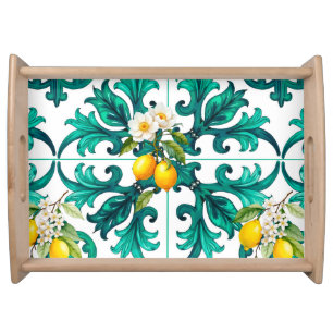 Sicilian,summer,lemon,mosaic,green, Serving Tray