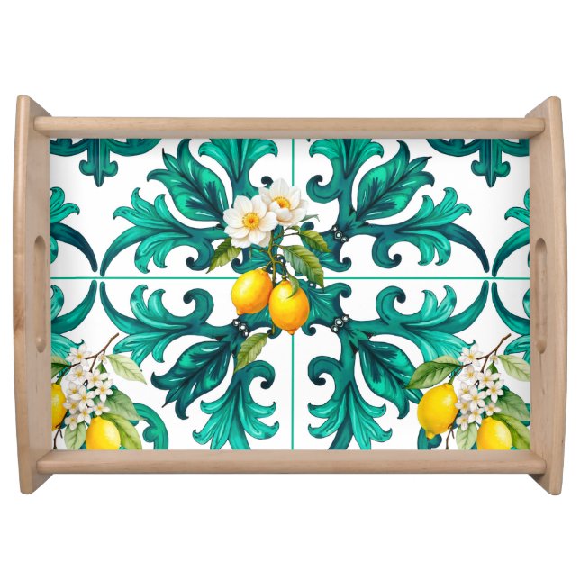 Sicilian,summer,lemon,mosaic,green, Serving Tray (Front)