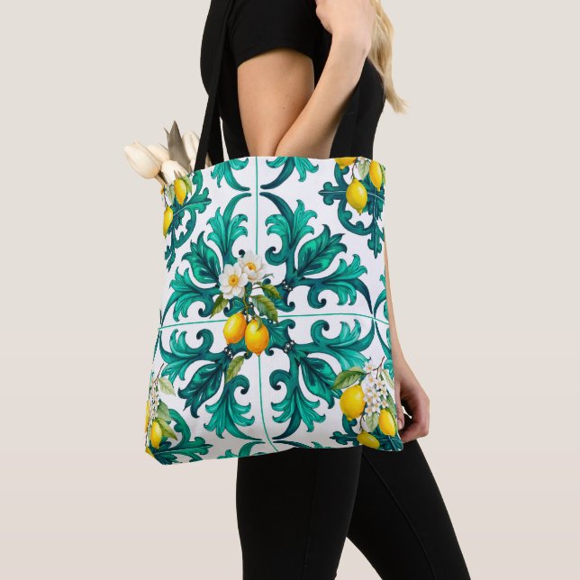 Sicilian,summer,lemon,mosaic,green, Tote Bag (Close Up)