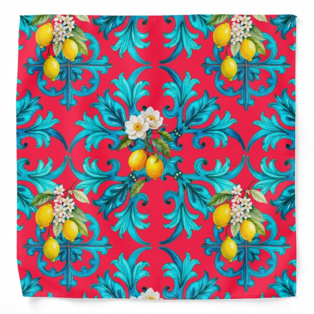 Sicilian,summer,lemon,mosaic,pink, Bandana (Front)